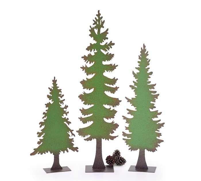 Hand-painted green metal tree silhouette on a square base with brown sponge accents.