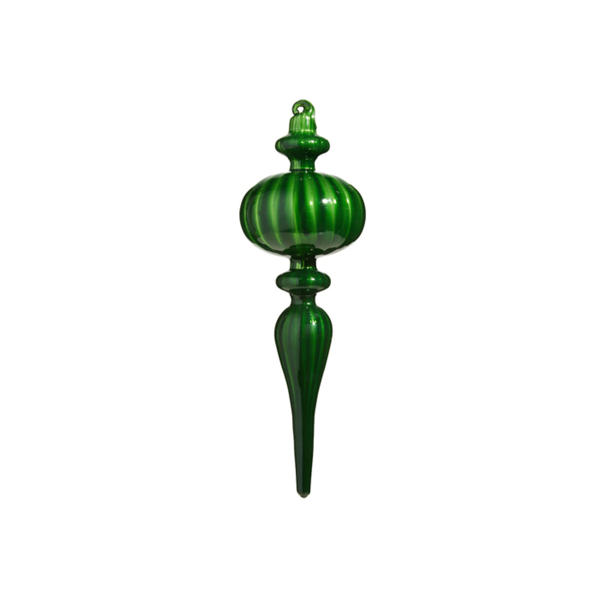 Green blown glass finial ornament with a tapered conical shape.