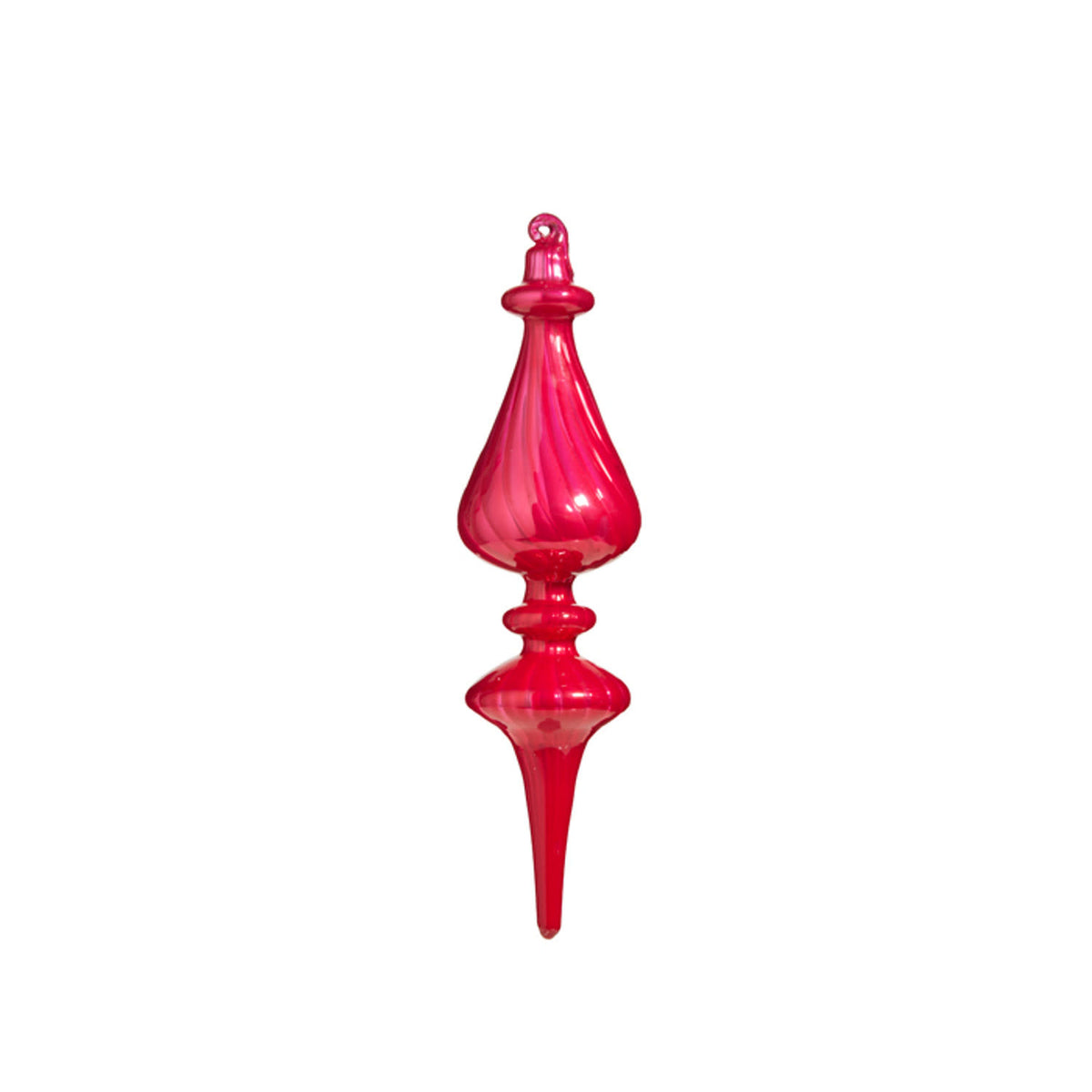 Pink blown glass finial ornament with a tapered silhouette.