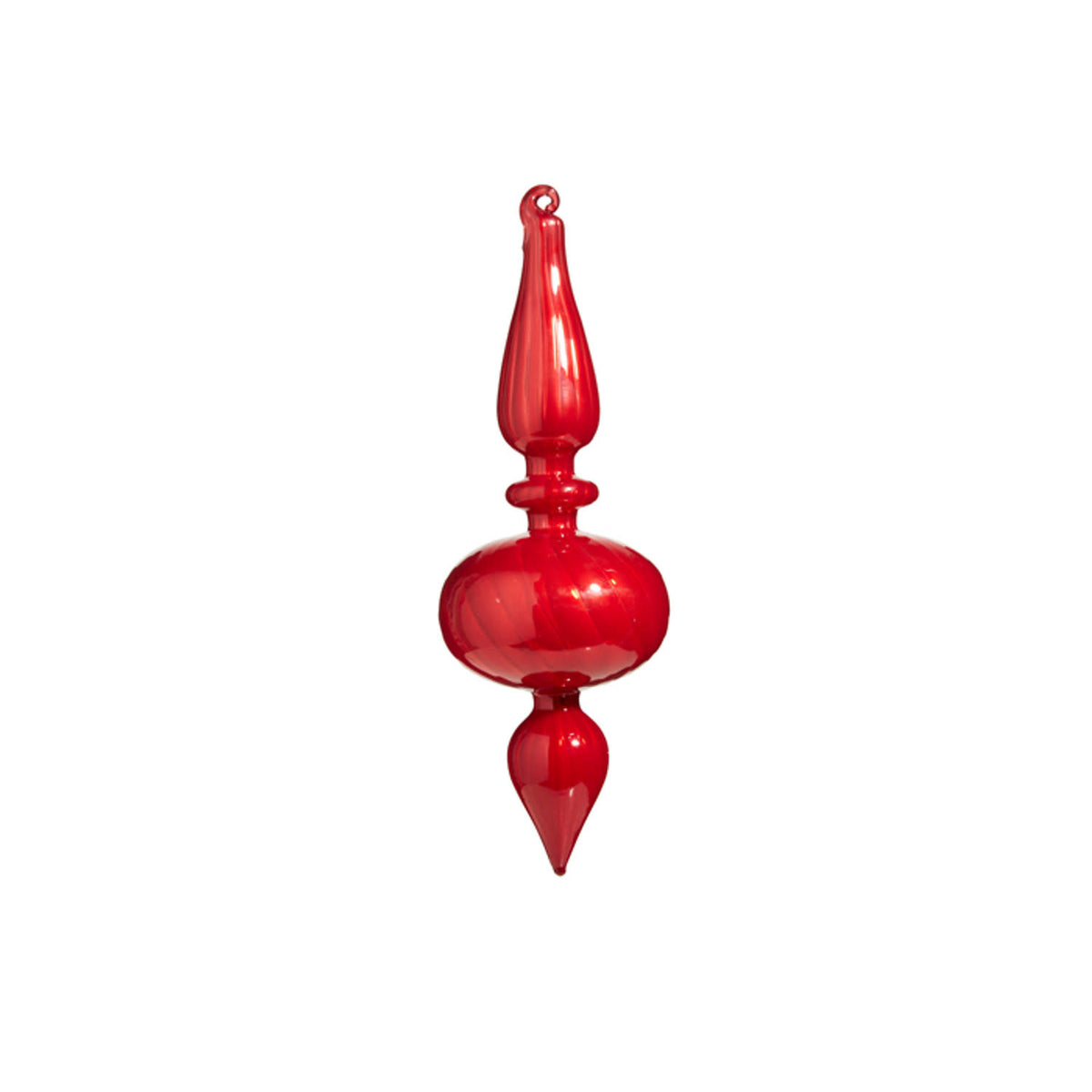 Red blown glass finial ornament with a tapered cone shape hanging from a hook.