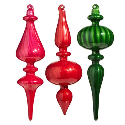 Handcrafted blown glass finial ornament with a clear finish and tapered conical silhouette.