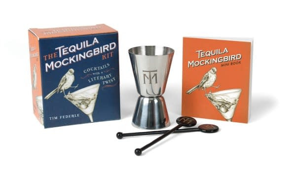 The Tequila Mockingbird Kit with literary cocktail tools in a white box.