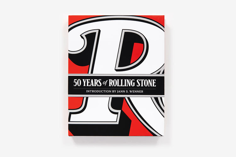 Hardcover book titled '50 Years Of Rolling Stone' featuring a collage cover with iconic black and white photography.