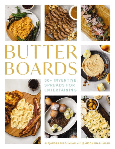 Butter Boards cookbook cover showing a white book with colorful savory spread photos on the front.