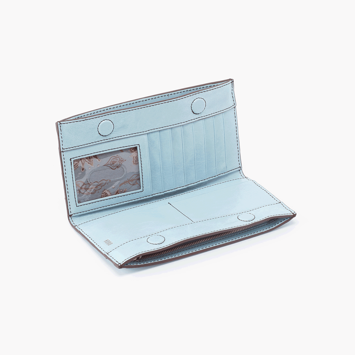 Large whisper blue vintage hide leather wallet with brushed brass hardware