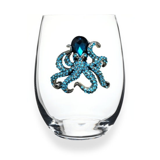 Handcrafted stemless wine glass with jeweled accents around the rim in clear crystal.