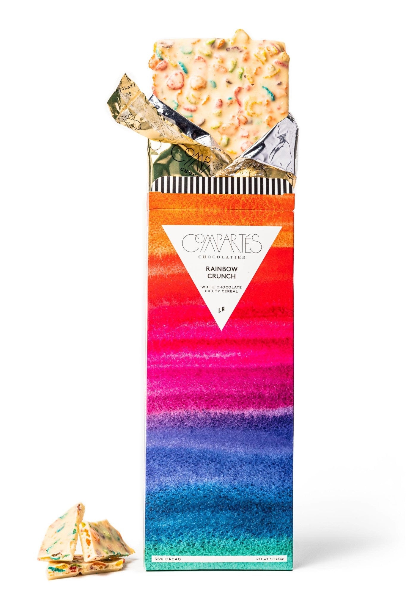 Rainbow Crunch Cereal Chocolate Bar with white chocolate coating and colorful fruity cereal pieces.