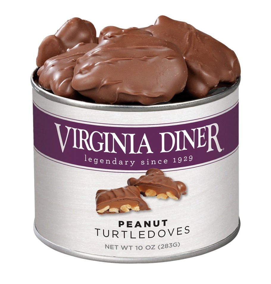 Vacuum-packed tin of Peanut Turtledoves featuring milk chocolate-covered peanuts with caramel.