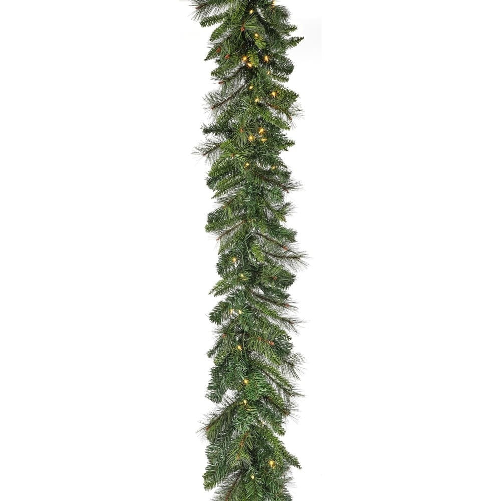 9-foot lit Belgium mix garland with green PVC foliage and warm white LED lights.