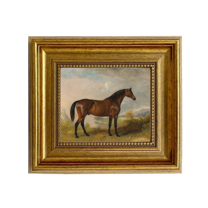 A bay hunter horse vintage oil painting print on canvas in a gold ornate frame.