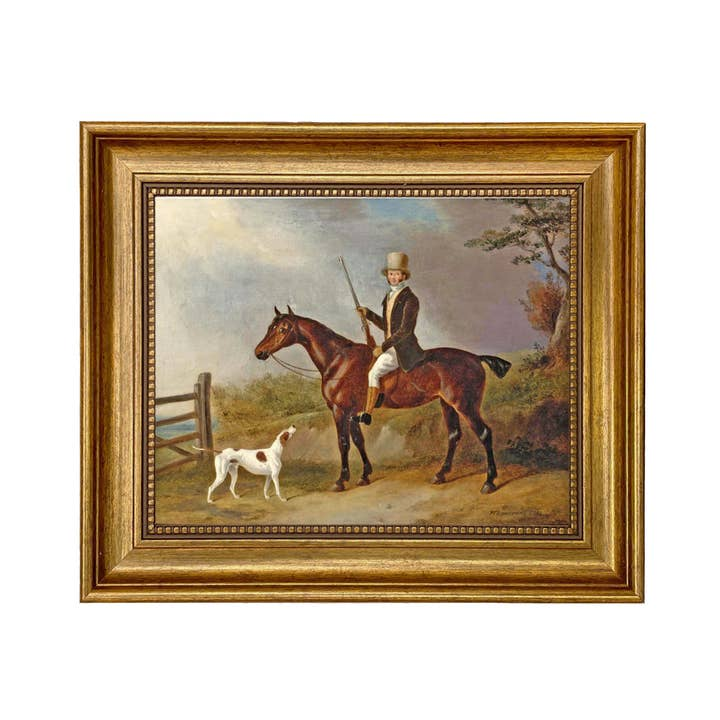 A Gentleman with His Hunter and Pointer by Barber print in a classic gold frame.