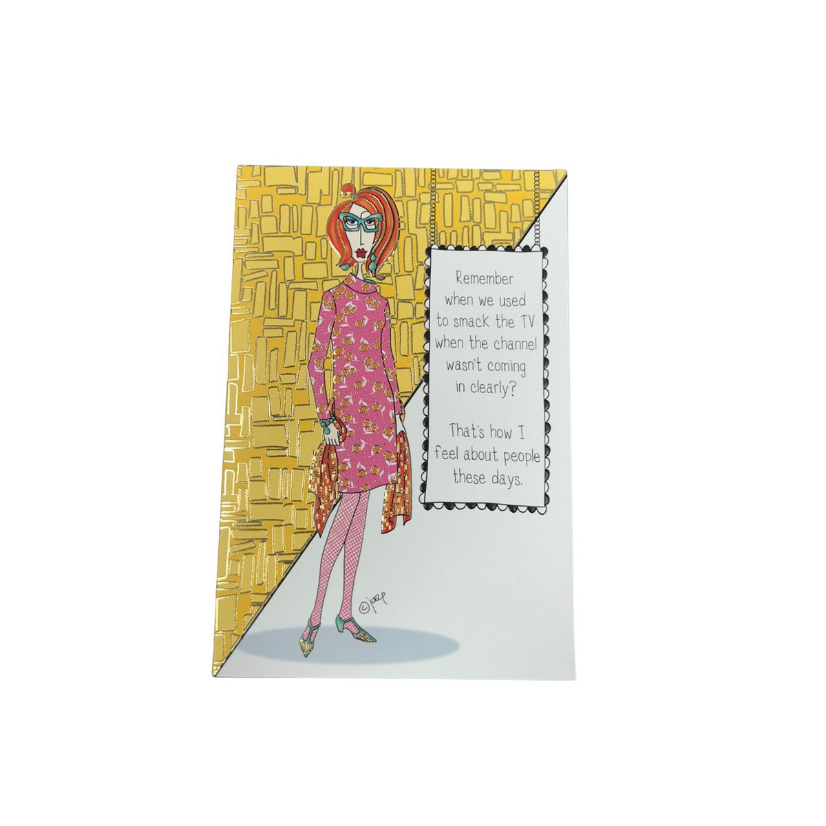Birthday card with a stylish woman and a humorous quote about smacking the TV to fix the channel.