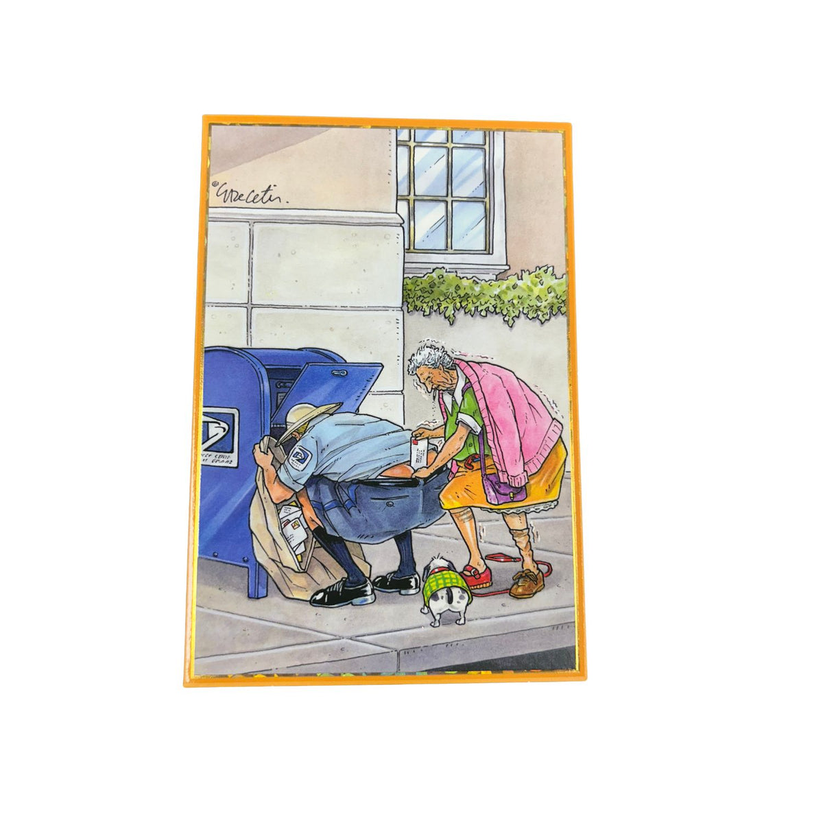 Humorous cartoon card titled Postal Cracks showing an elderly woman mailing a letter in a mailman.