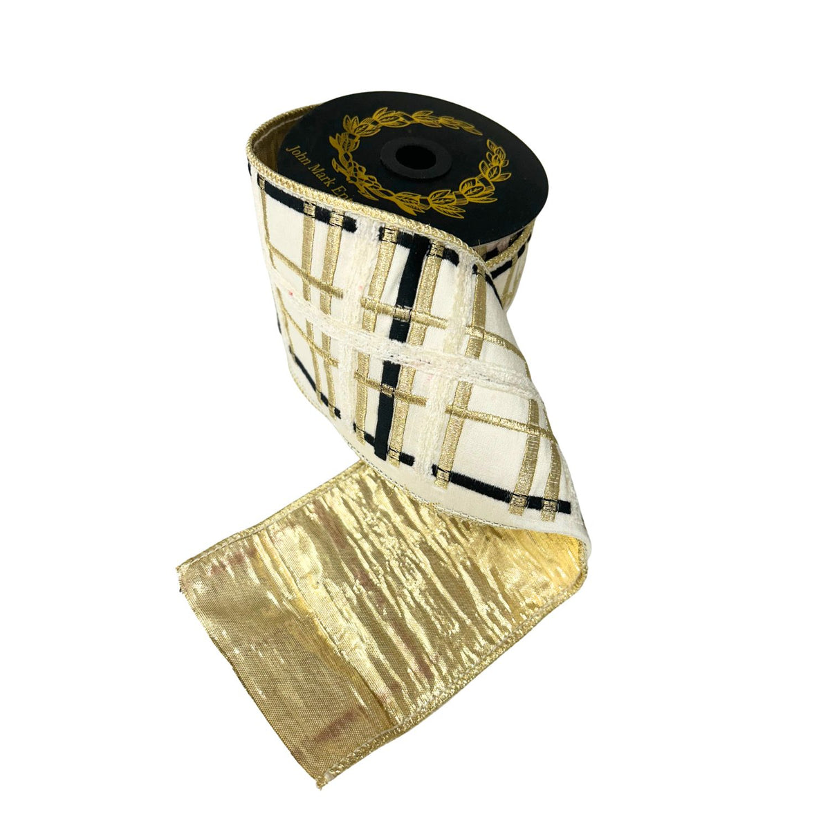 4-inch wide ivory plaid ribbon with gold and black embroidery on a spool with gold metallic backing.