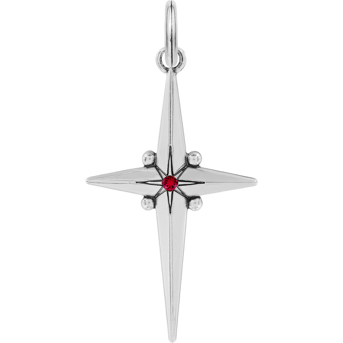 Silver-plated Alexandria Cross Amulet with a central red crystal in a North Star design.