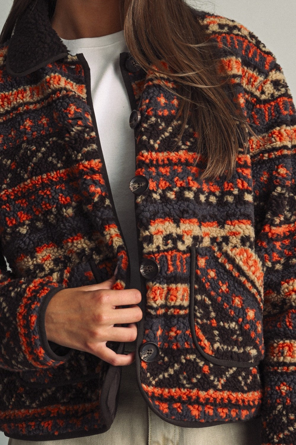 Close-up of a patterned teddy fleece jacket with ethnic geometric designs and button closure.