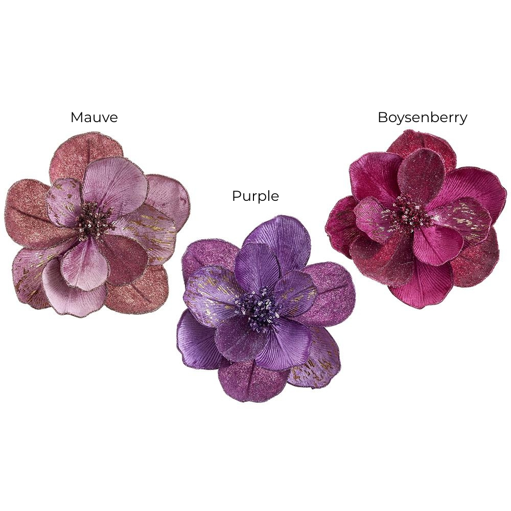 Three metallic pearlized magnolia clips in mauve, purple, and boysenberry colors.
