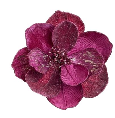 7-inch metallic pearlized magnolia clip in boysenberry with glitter accents and textured petals.