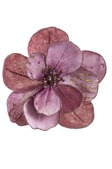 7-inch metallic pearlized mauve magnolia clip with glitter accents and a sequined center.