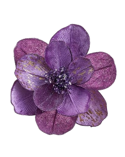 Purple metallic pearlized magnolia clip with glitter accents and beaded center.