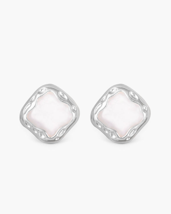 Amanda Matte MOP Stud Silver Earrings with square mother-of-pearl centers and textured silver frames