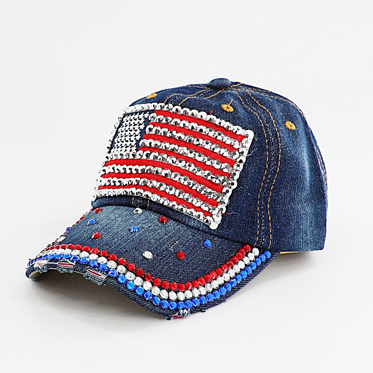 Distressed blue denim baseball cap with a rhinestone American flag and beaded brim.