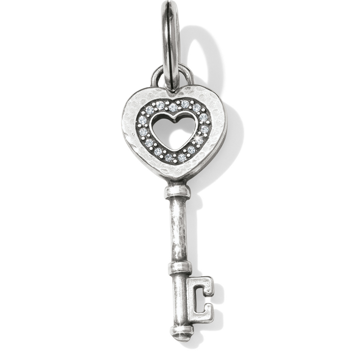 Silver-plated Amorette Key Amulet with a heart-shaped head and fine crystal accents.