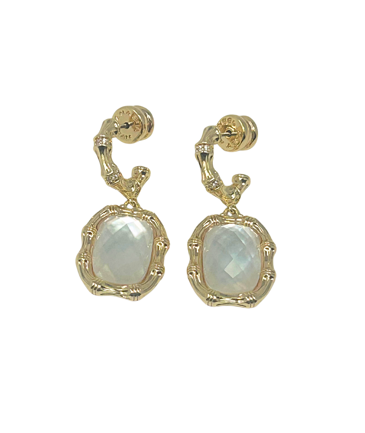 18K gold-plated bamboo drop earrings with faceted mother of pearl glass stones and crystal pavé.