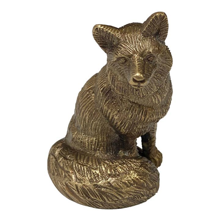 Antiqued solid brass sitting fox figurine with detailed etched fur texture.