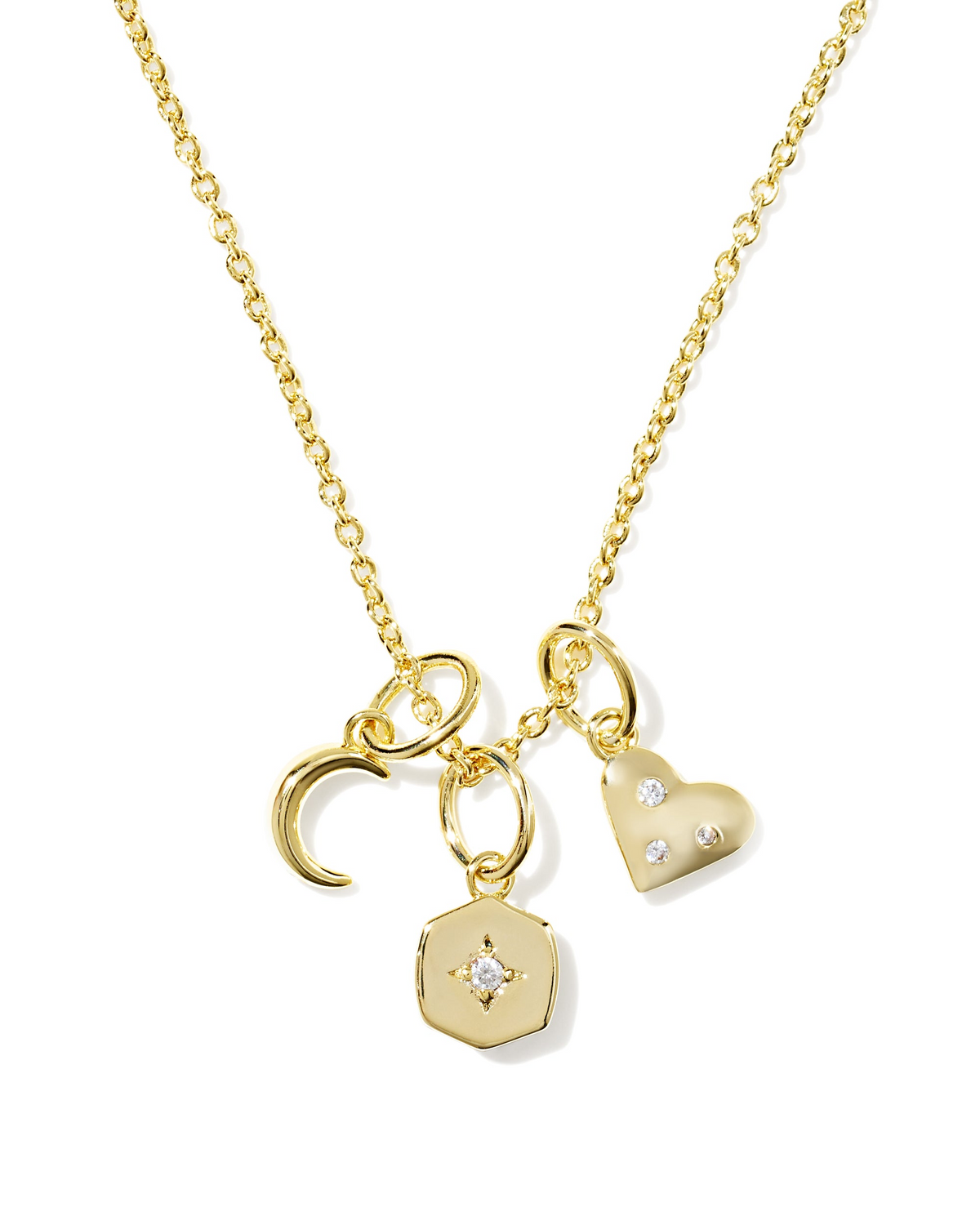 Gold Arlene Charm Necklace with crescent moon, star-set hexagon, and CZ-studded heart charms.