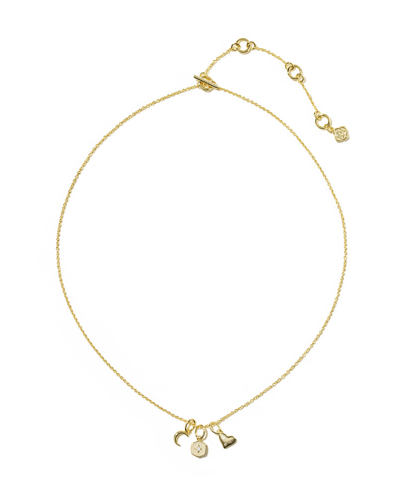 Arlene Charm Necklace in gold with crescent moon, star-set hexagon, and heart charms.
