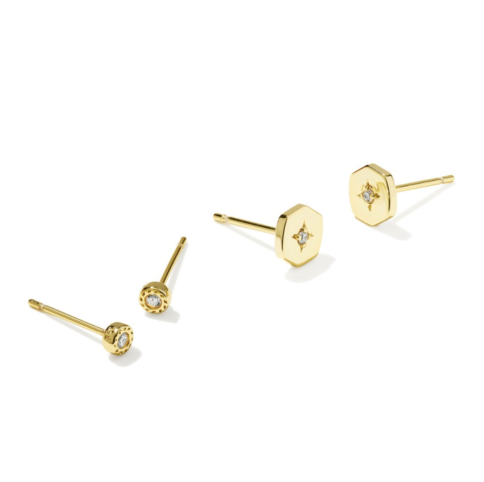 Arlene Stud Earring Set featuring two pairs of gold stud earrings with white cubic zirconia.