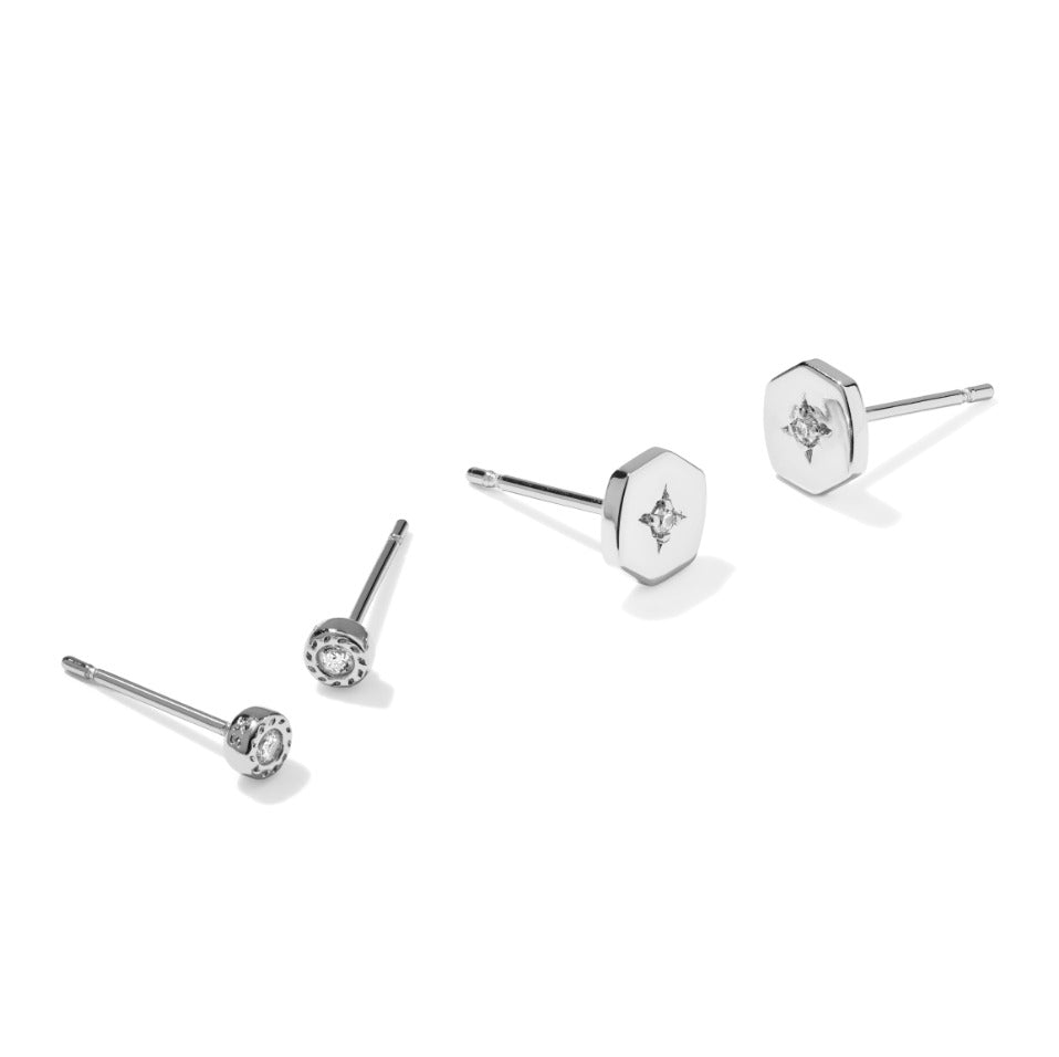 Arlene Stud Earring Set featuring two pairs of silver-tone studs with white cubic zirconia.