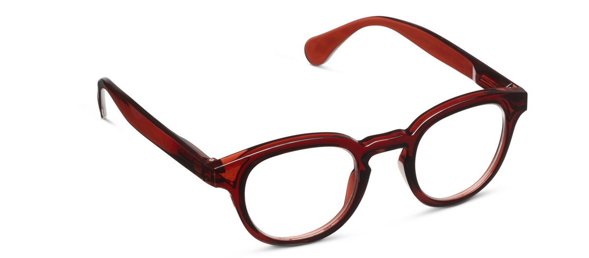 Asher round chunky cranberry red glasses with clear blue light lenses and spring hinges.