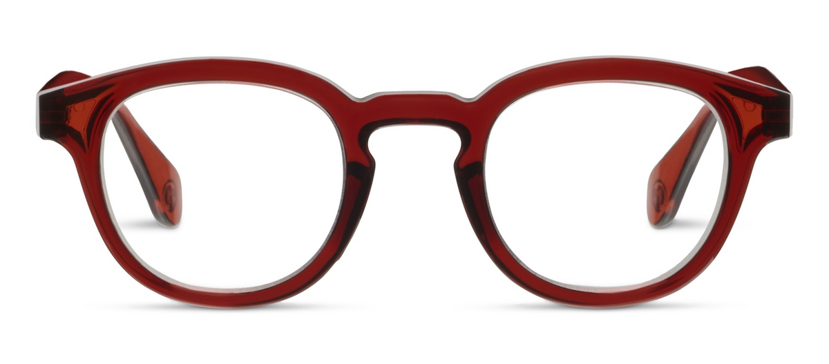 Asher round chunky cranberry red frames with clear blue light lenses.