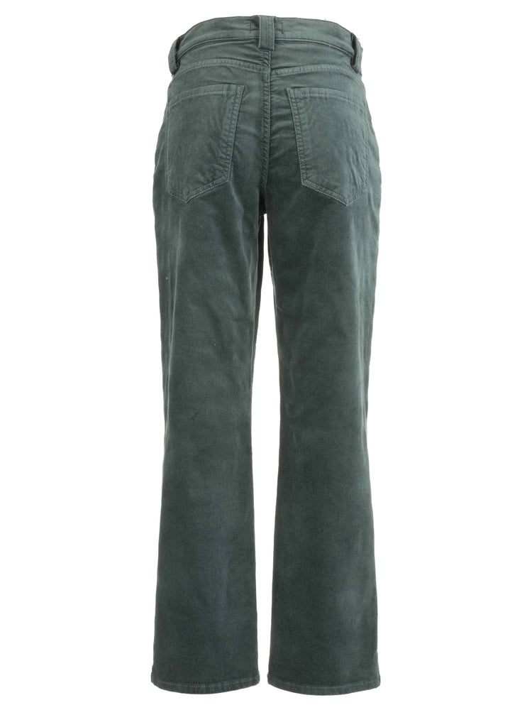 Back view of Avery high-rise straight-leg corduroy pants in a dark forest green color.