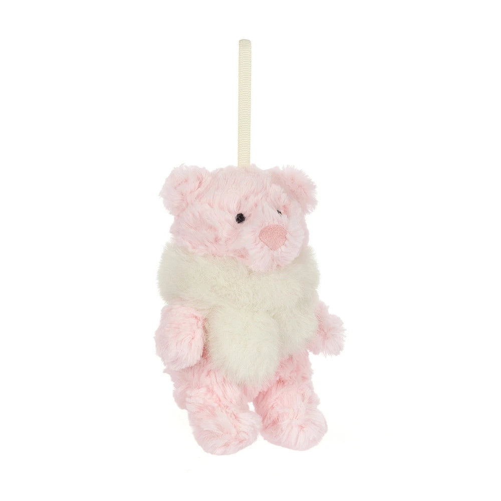 Pink plush Leola Bear ornament wearing a fluffy white winter scarf with a hanging loop.