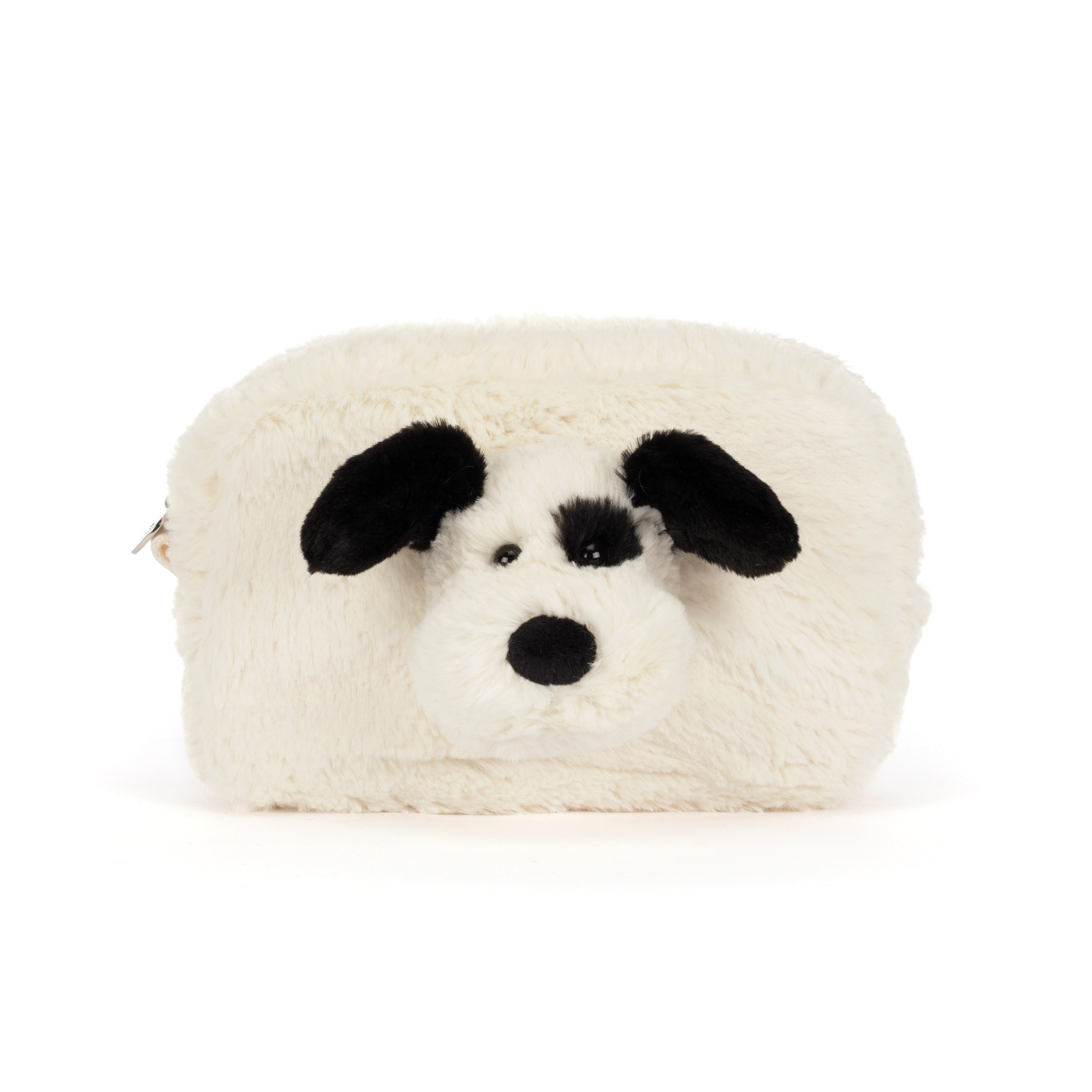 White plush Rufferty Puppy Pouch with black floppy ears and a black spot over one eye.