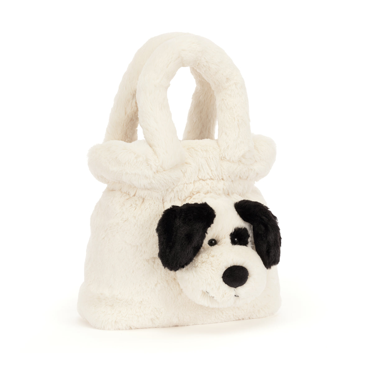 White plush Rufferty Puppy Handbag with a black and white dog face on the front.