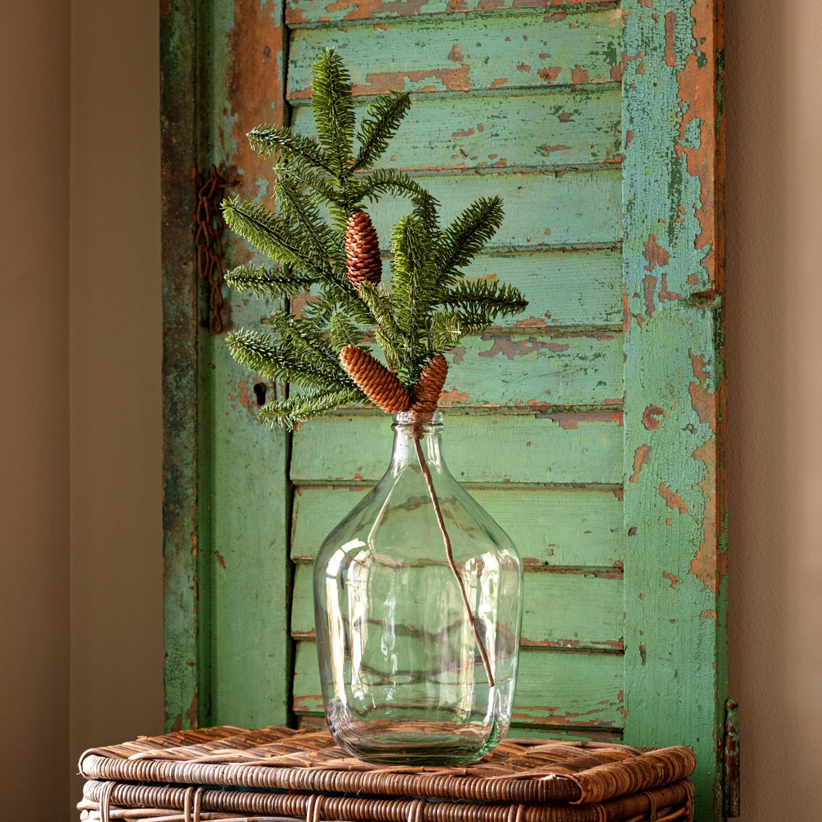 Balsam Fir Stem with realistic evergreen needles and pinecones in a clear glass vase.