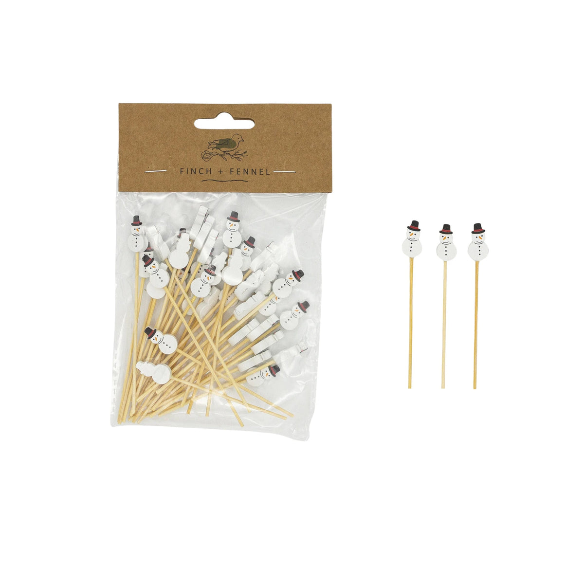 Set of 50 bamboo picks with hand-painted snowman handles in a clear bag with Finch + Fennel header.