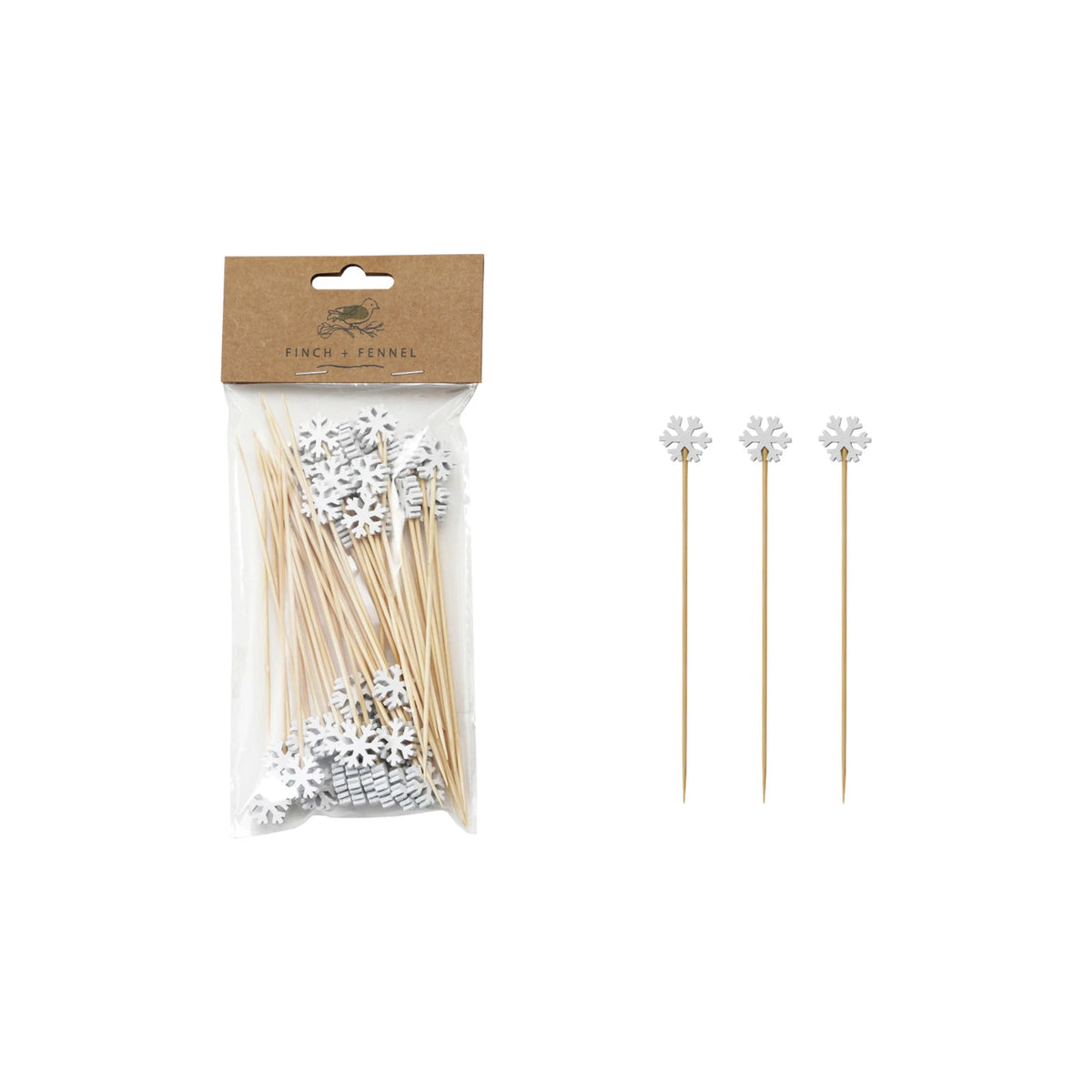 Set of 50 bamboo skewers with white snowflake-shaped handles, packaged and displayed.