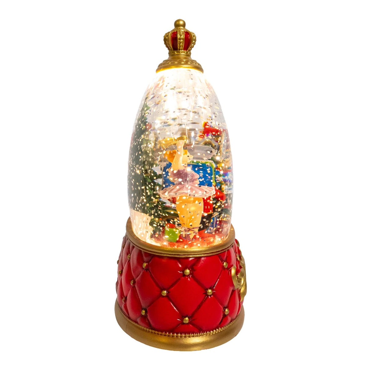 8-inch crown-shaped water lantern with Nutcracker figures, spinning glitter, and LED lights.