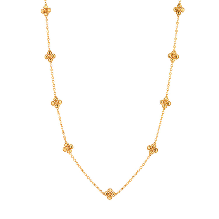 Gold 28-inch station-set chain necklace with nine textured clover motifs.