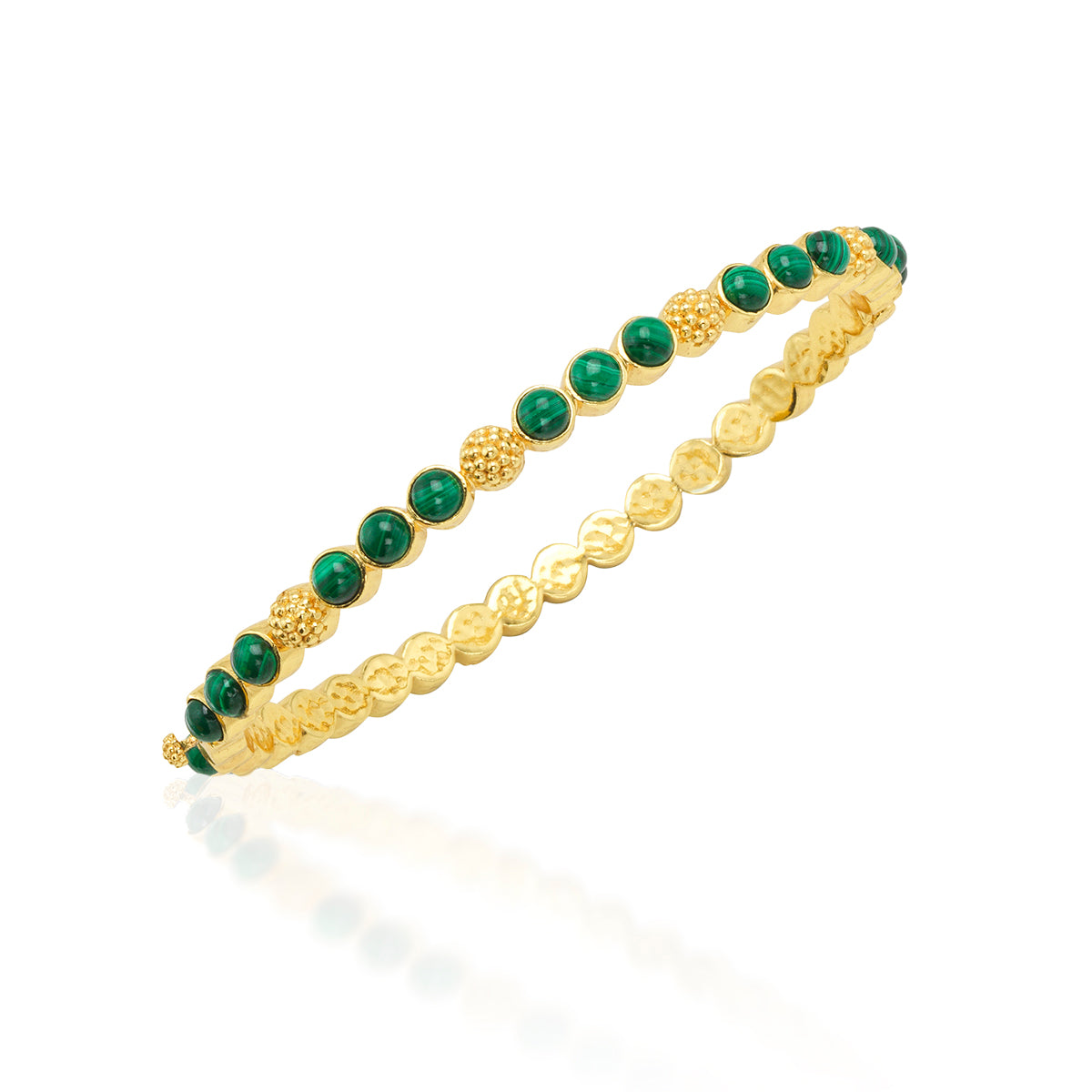 Gold-plated hinged bangle featuring trios of green malachite stones and golden berry accents.