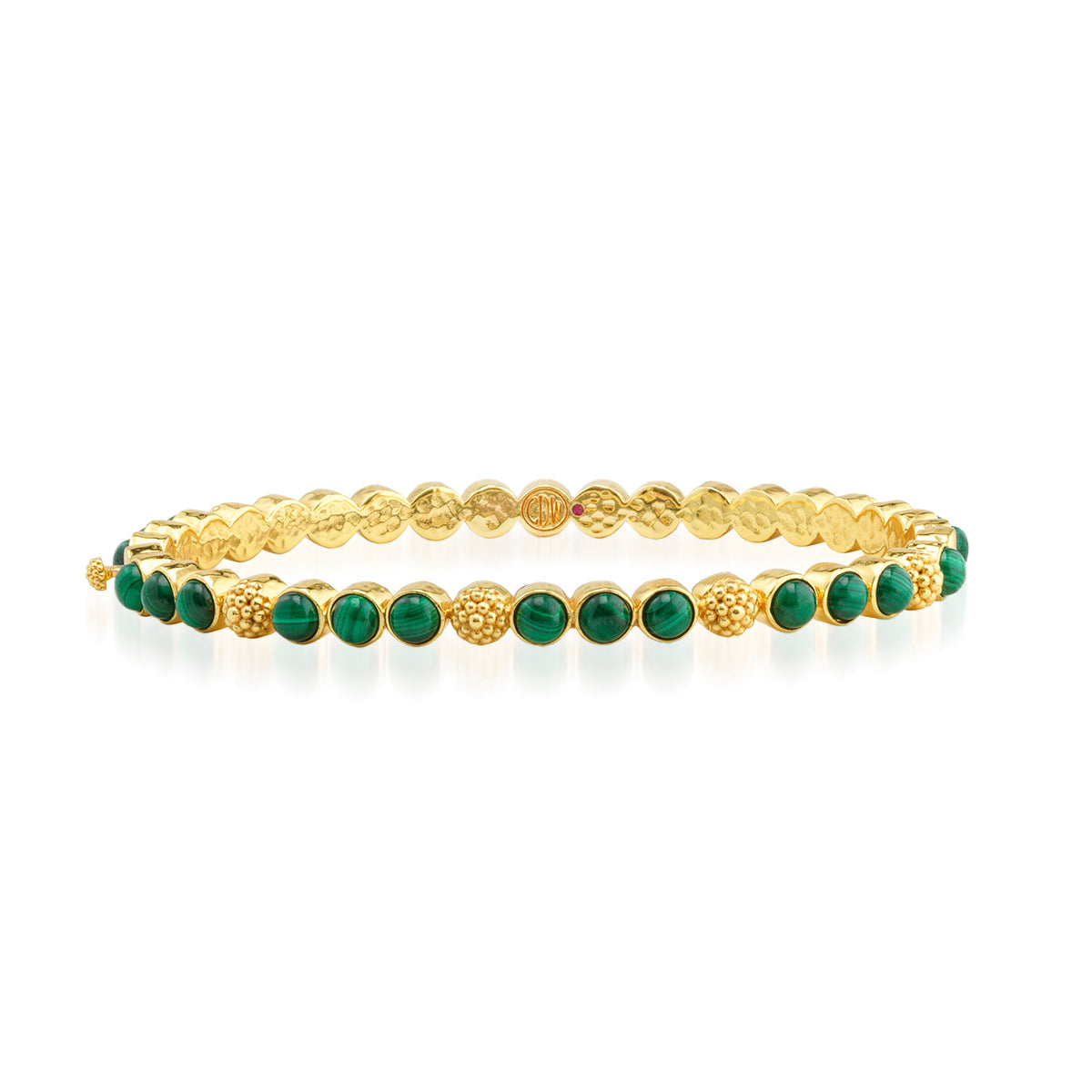 Gold-plated hinged bangle featuring green malachite stones and golden berry accents.
