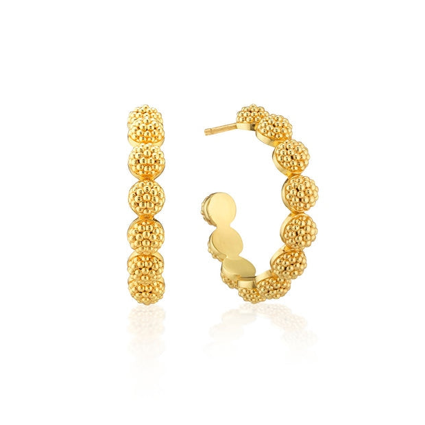 Gold-plated small hoop earrings featuring a textured berry motif design.