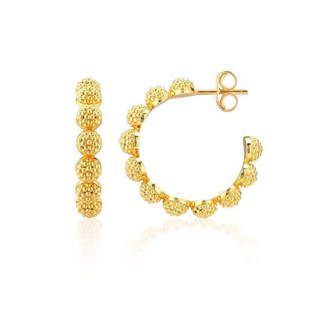 Gold-plated small hoop earrings featuring a textured berry-like beaded design.