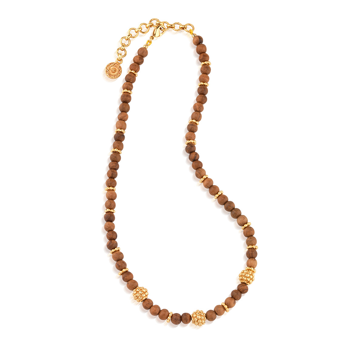 Single strand necklace with hand-carved teak beads and 18K gold-plated berry accents.