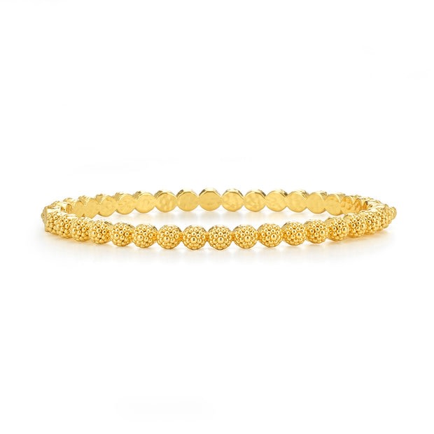 Gold-plated hinged bangle with a textured berry-like bead design and a smooth inner band.